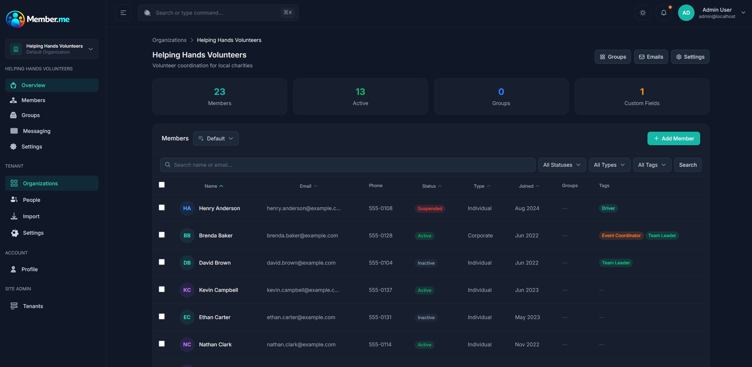 MemberMe dashboard showing member list with status, tags, and filters